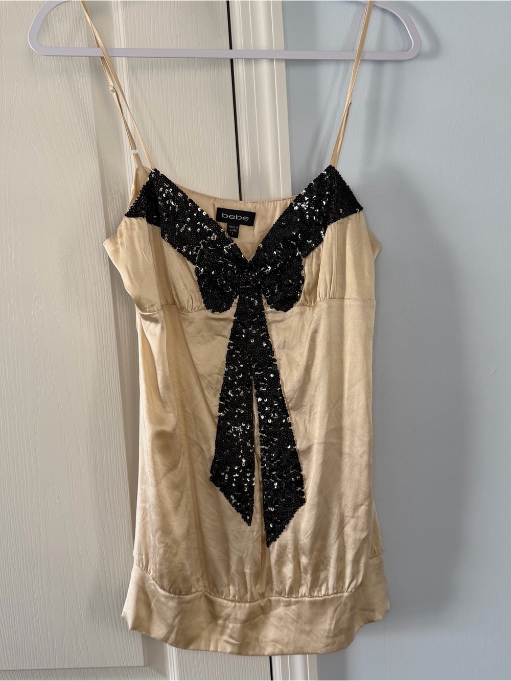 Vintage Y2K Bebe Silk Sequin Bow Cami Champagne Gold Party Top Large